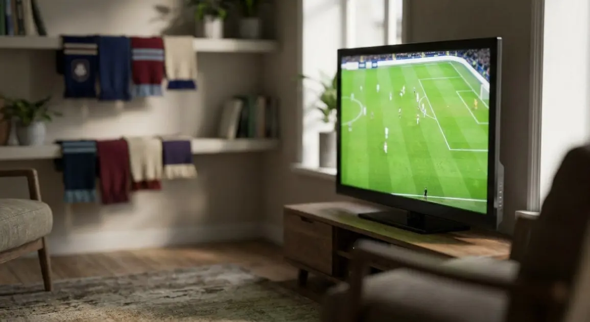 A modern flat-screen television displaying a bright green football pitch, set in a cozy living room with blurred sports