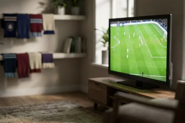 A modern flat-screen television displaying a bright green football pitch, set in a cozy living room with blurred sports